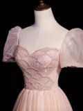 Niulatu A Line Sweetheart Tulle Pink Beads Long Prom Dresses HZ1110