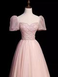 Niulatu A Line Sweetheart Tulle Pink Beads Long Prom Dresses HZ1110