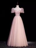 Niulatu A Line Sweetheart Tulle Pink Beads Long Prom Dresses HZ1110