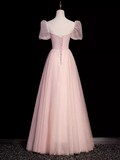 Niulatu A Line Sweetheart Tulle Pink Beads Long Prom Dresses HZ1110