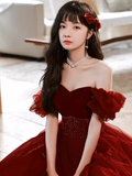 Niulatu A Line Off The Shoulder Burgundy Tulle Beads Long Prom Dresses HZ1110