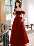 Niulatu A Line Off The Shoulder Burgundy Tulle Beads Long Prom Dresses HZ1110