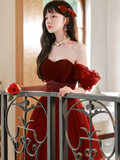 Niulatu A Line Off The Shoulder Burgundy Tulle Beads Long Prom Dresses HZ1110