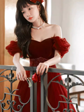 Niulatu A Line Off The Shoulder Burgundy Tulle Beads Long Prom Dresses HZ1110