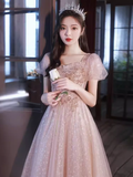 Niulatu A Line Short Puffy Sleeves Pink Tulle Beads Long Prom Dresses HZ1110