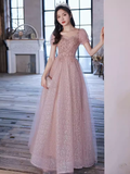 Niulatu A Line Short Puffy Sleeves Pink Tulle Beads Long Prom Dresses HZ1110