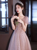 Niulatu A Line Short Puffy Sleeves Pink Tulle Beads Long Prom Dresses HZ1110