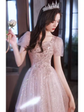 Niulatu A Line Short Puffy Sleeves Pink Tulle Beads Long Prom Dresses HZ1110