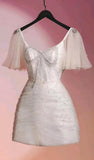 Niulatu A line Short Sleeves White Homecoming Dress Short Cocktail Dress HZ1110