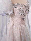 Niulatu A Line Scoop Short Puffy Sleeves Pink Tulle Beads Long Prom Dresses HZ1110