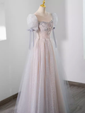 Niulatu A Line Scoop Short Puffy Sleeves Pink Tulle Beads Long Prom Dresses HZ1110