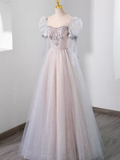 Niulatu A Line Scoop Short Puffy Sleeves Pink Tulle Beads Long Prom Dresses HZ1110