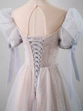 Niulatu A Line Scoop Short Puffy Sleeves Pink Tulle Beads Long Prom Dresses HZ1110