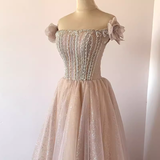 Niulatu A Line Off The Shoulder Beads Tulle Sequin Long Prom Dresses HZ1110