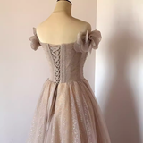 Niulatu A Line Off The Shoulder Beads Tulle Sequin Long Prom Dresses HZ1110