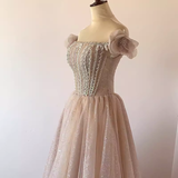 Niulatu A Line Off The Shoulder Beads Tulle Sequin Long Prom Dresses HZ1110
