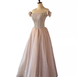 Niulatu A Line Off The Shoulder Beads Tulle Sequin Long Prom Dresses HZ1110