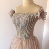 Niulatu A Line Off The Shoulder Beads Tulle Sequin Long Prom Dresses HZ1110