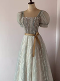 Niulatu A Line Square Neckline Tulle Sequin Beads Long Prom Dresses HZ1110