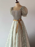 Niulatu A Line Square Neckline Tulle Sequin Beads Long Prom Dresses HZ1110