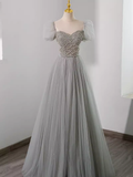 Niulatu A Line Gray Tulle Beadings Long Prom Dress HZ1110