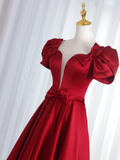 Niulatu A Line Short Sleeves Satin Burgundy Long Prom Dresses HZ1110
