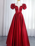 Niulatu A Line Short Sleeves Satin Burgundy Long Prom Dresses HZ1110