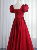 Niulatu A Line Short Sleeves Satin Burgundy Long Prom Dresses HZ1110
