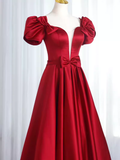 Niulatu A Line Short Sleeves Satin Burgundy Long Prom Dresses HZ1110
