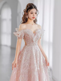 Niulatu A line Off The Shoulder Pink Sequin Long Evening Dress Prom Dresses HZ1110