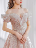 Niulatu A line Off The Shoulder Pink Sequin Long Evening Dress Prom Dresses HZ1110