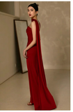 Niulatu Sheath Scoop Neckline Satin Burgundy Long Prom Dresses With Ribbon HZ1110