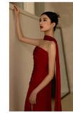 Niulatu Sheath Scoop Neckline Satin Burgundy Long Prom Dresses With Ribbon HZ1110