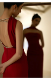 Niulatu Sheath Scoop Neckline Satin Burgundy Long Prom Dresses With Ribbon HZ1110