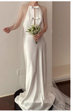 Niulatu Sheath Scoop Neckline Satin White Wedding Dress With Bowknot HZ1110