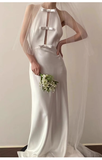 Niulatu Sheath Scoop Neckline Satin White Wedding Dress With Bowknot HZ1110