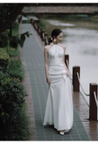 Niulatu Sheath Halter Satin White Backless Wedding Dresses HZ1110