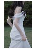 Niulatu Mermaid Off The Shoulder White Long Wedding Dresses With Ribbon HZ1110