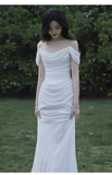 Niulatu Mermaid Off The Shoulder White Long Wedding Dresses With Ribbon HZ1110