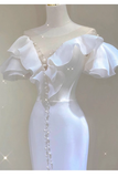 Niulatu Mermaid V Neckline White Long Wedding Dresses With Pearls HZ1110