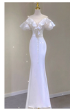 Niulatu Mermaid V Neckline White Long Wedding Dresses With Pearls HZ1110