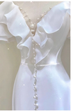 Niulatu Mermaid V Neckline White Long Wedding Dresses With Pearls HZ1110