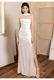 Niulatu Sheath Scoop Neckline Satin White Slit Long Prom Dresses With Ribbon HZ1110