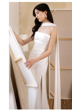 Niulatu Sheath Scoop Neckline Satin White Slit Long Prom Dresses With Ribbon HZ1110