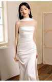 Niulatu Sheath Scoop Neckline Satin White Slit Long Prom Dresses With Ribbon HZ1110