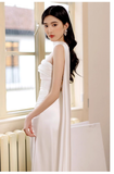 Niulatu Sheath Scoop Neckline Satin White Slit Long Prom Dresses With Ribbon HZ1110