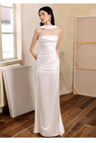 Niulatu Sheath Scoop Neckline Satin White Slit Long Prom Dresses With Ribbon HZ1110