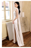 Niulatu Sheath Scoop Neckline Satin White Slit Long Prom Dresses With Ribbon HZ1110