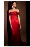 Niulatu Sheath Off The Shoulder Satin Burgundy Slit Long Prom Dresses With Ruffles HZ1110