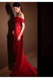Niulatu Sheath Off The Shoulder Satin Burgundy Slit Long Prom Dresses With Ruffles HZ1110